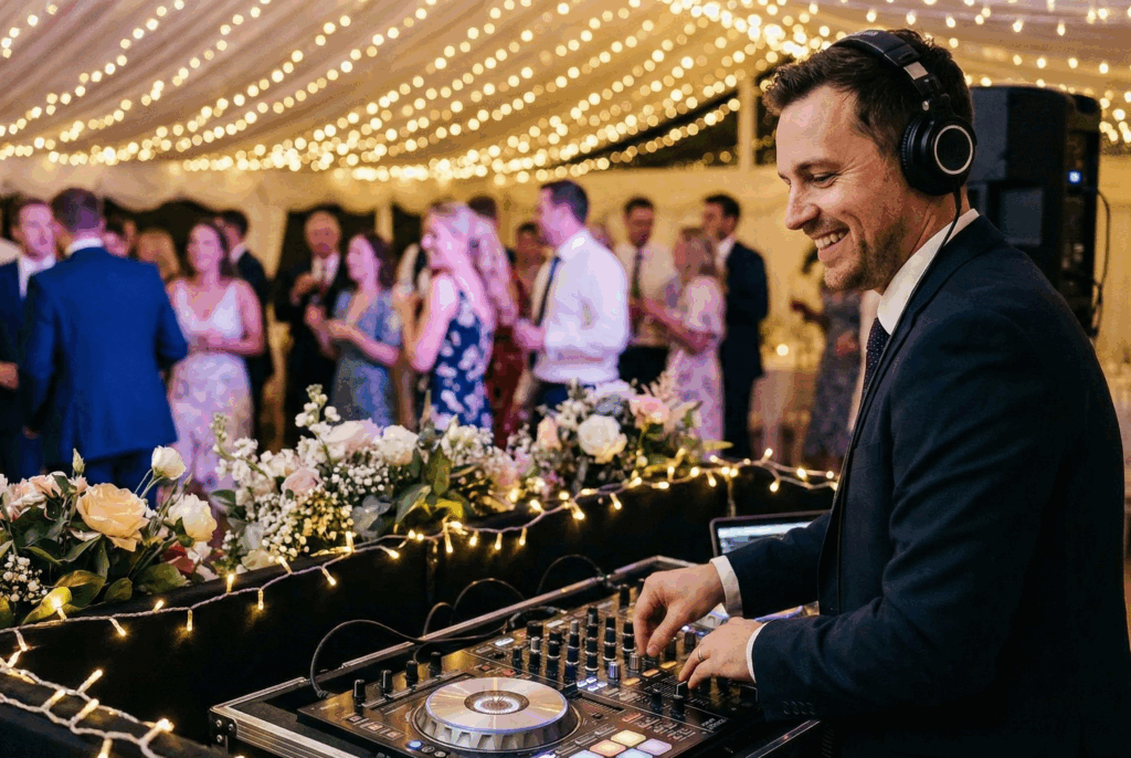Professional Bay Area wedding DJ performing at a reception with elegant lighting and guests dancing.
